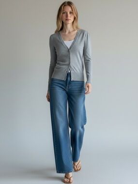Ricki’s Grey Cardigan Sweater Thin Knit V Neck Button Front Size Small